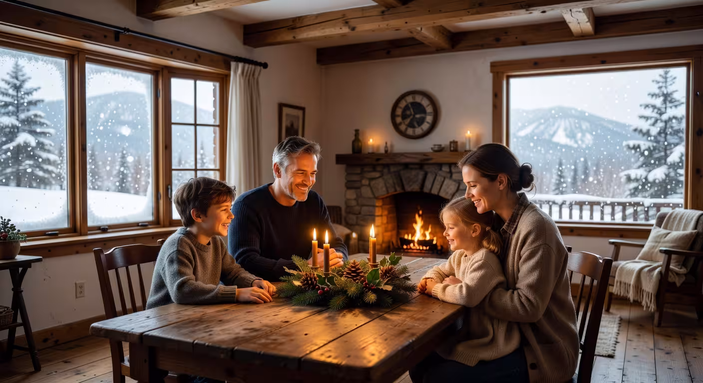 Cozy family gathered around wooden table with Advent wreath, candles glowing warmly, winter window w