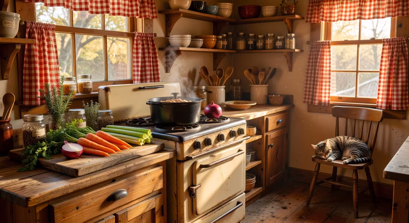 Cozy American farmhouse kitchen on Sunday afternoon, pot roast simmering in Dutch oven on vintage st