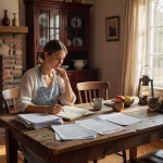 Basic Investing for Traditional Families: A Tradwife's Guide to Financial Security Warm cozy kitchen scene with a young woman in vintage apron sitting at farmhouse table reviewing fin