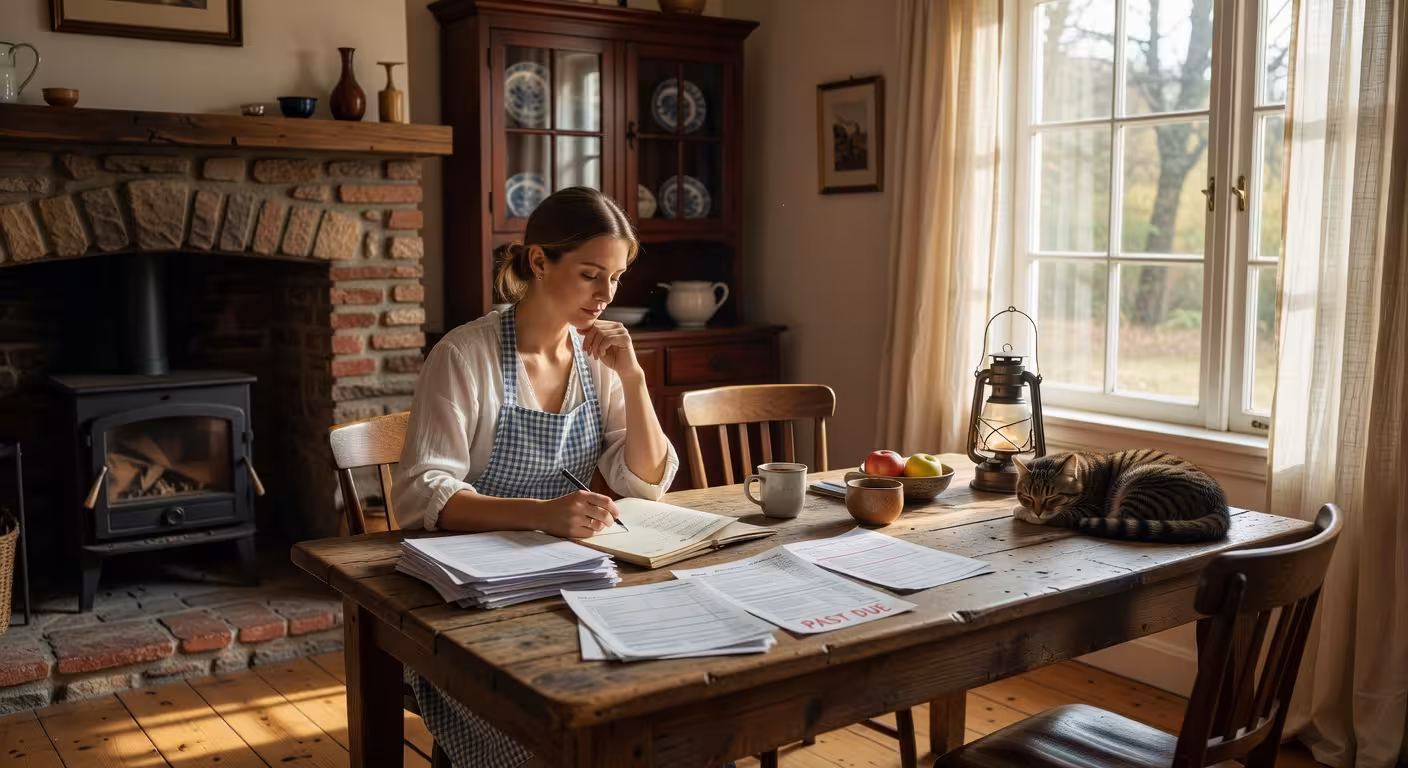 Warm cozy kitchen scene with a young woman in vintage apron sitting at farmhouse table reviewing fin