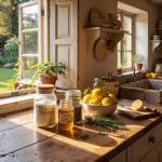 How to Remove Odors From Your Home Naturally Cozy farmhouse kitchen interior with open windows, natural light streaming in, vintage glass jars fi