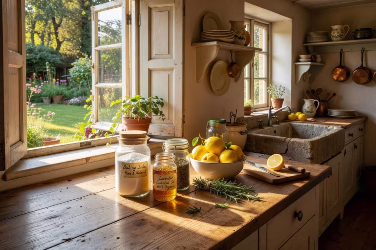 Cozy farmhouse kitchen interior with open windows, natural light streaming in, vintage glass jars fi