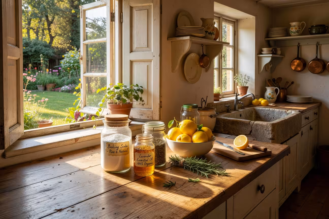 Cozy farmhouse kitchen interior with open windows, natural light streaming in, vintage glass jars fi
