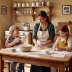 Teaching Moral Values and Ethics at Home: A Tradwife's Everyday Guide Warm kitchen scene with mother and children baking together, flour dusted counters, natural sunlight