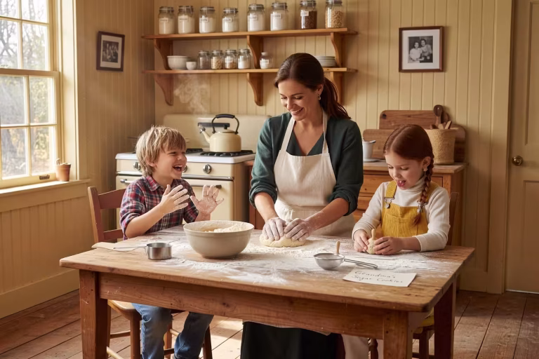 Warm kitchen scene with mother and children baking together, flour dusted counters, natural sunlight