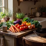 Cooking From Scratch: A Beginner's Complete Guide to Wholesome Homemade Meals Warm rustic kitchen countertop with fresh vegetables from farmers market, wooden cutting board, cast