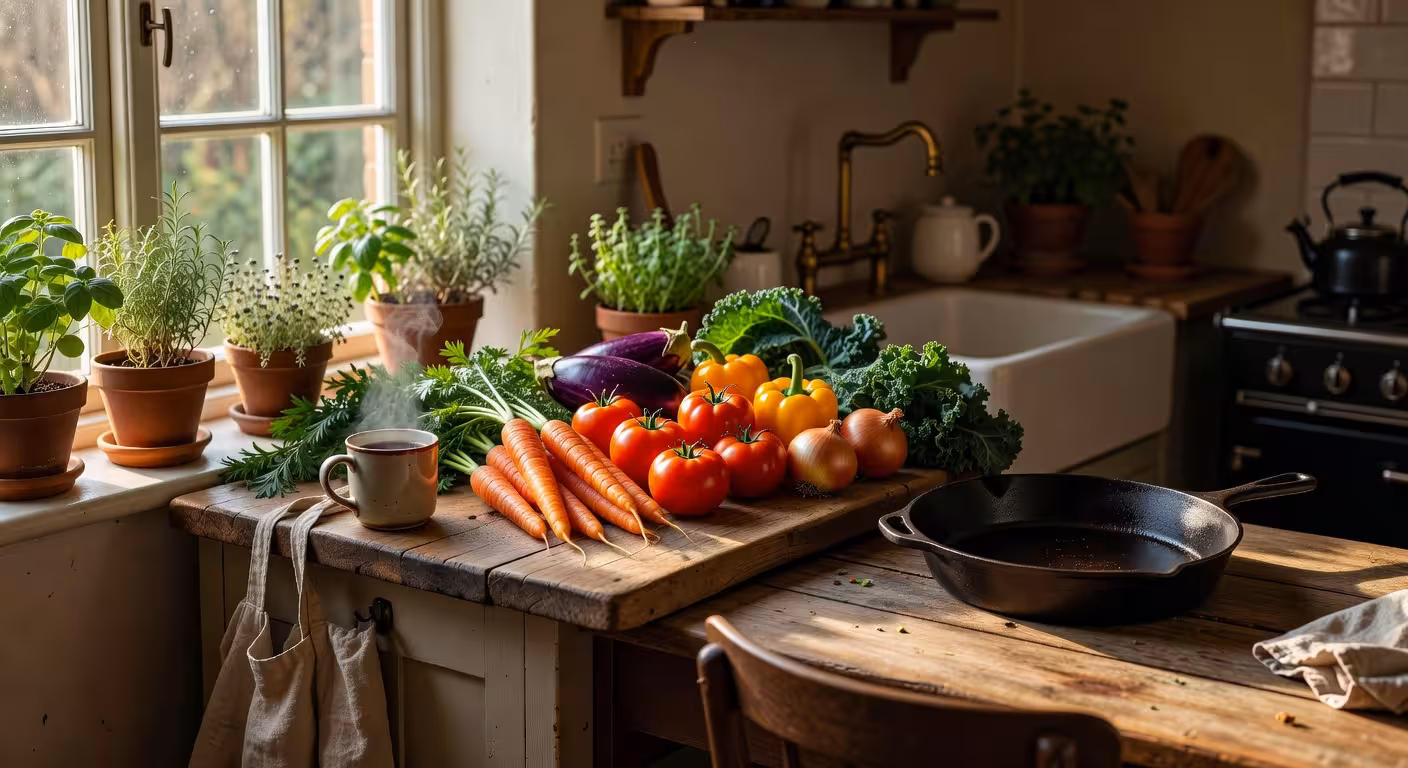 Warm rustic kitchen countertop with fresh vegetables from farmers market, wooden cutting board, cast