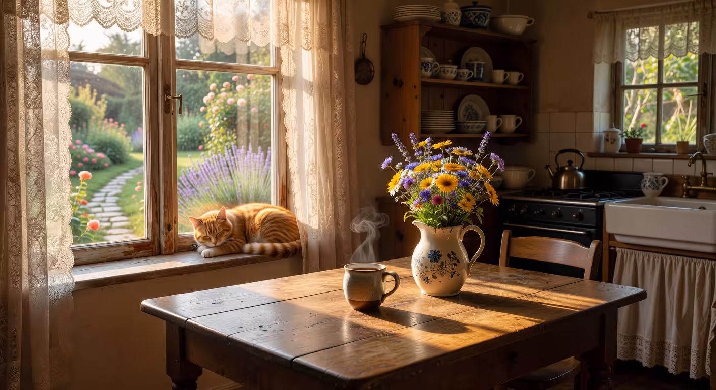 Peaceful morning scene in a cozy farmhouse kitchen with soft golden sunlight streaming through lace