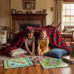 How to Manage Screen Time for Your Children Warm sunlit living room with children building fort from blankets and pillows, vintage board games s