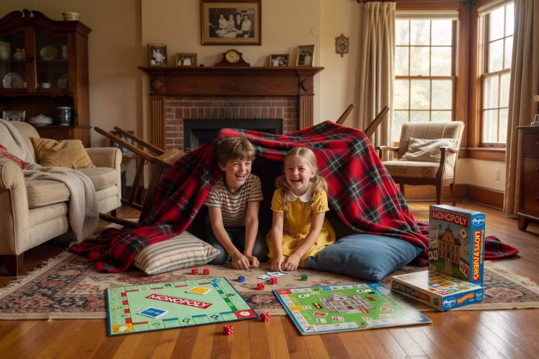 Warm sunlit living room with children building fort from blankets and pillows, vintage board games s