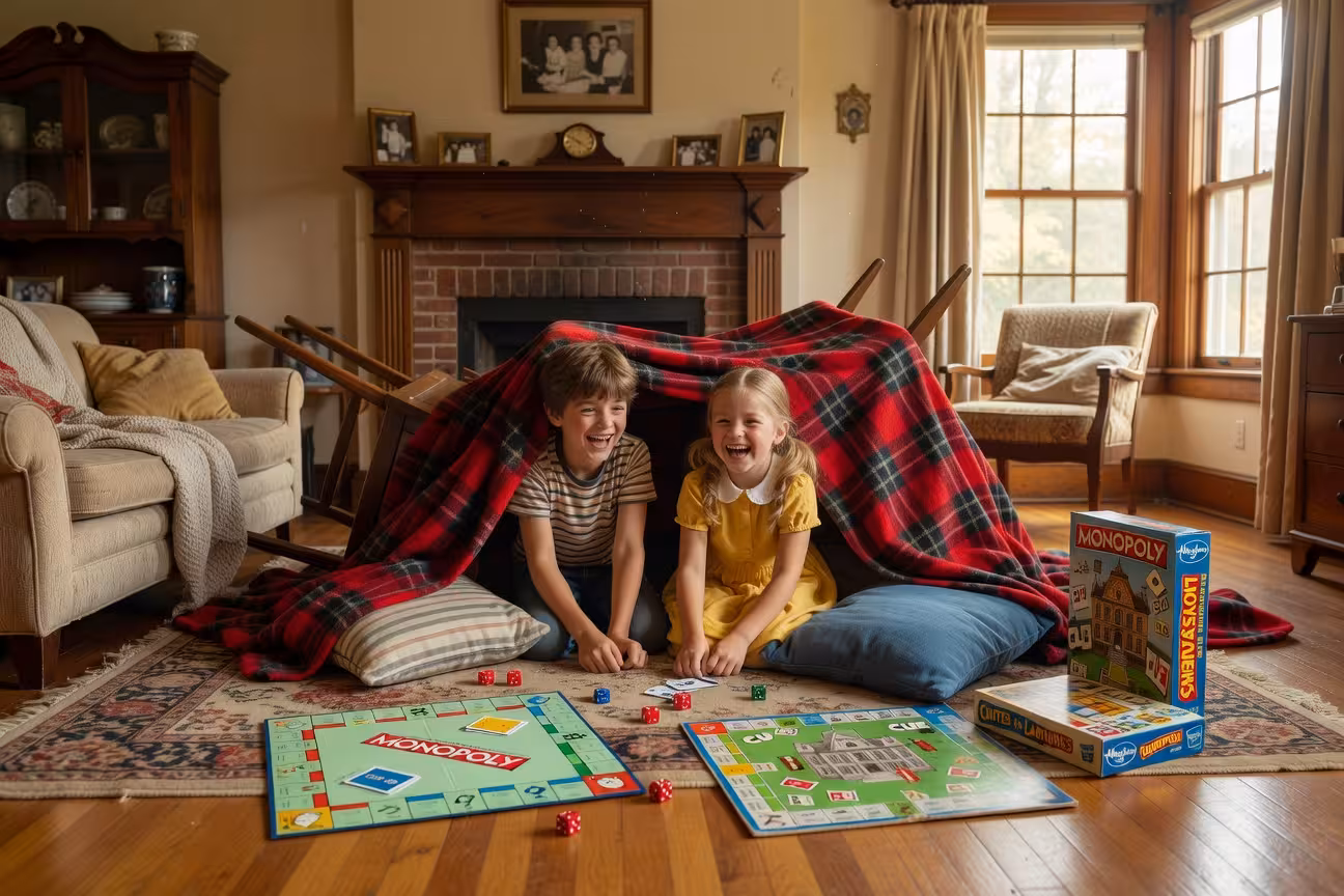 Warm sunlit living room with children building fort from blankets and pillows, vintage board games s