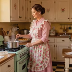 The Apron as a Fashion Statement: History and Styles for the Modern Tradwife Vintage 1950s kitchen scene with woman wearing floral ruffled apron in sunlit farmhouse kitchen, war