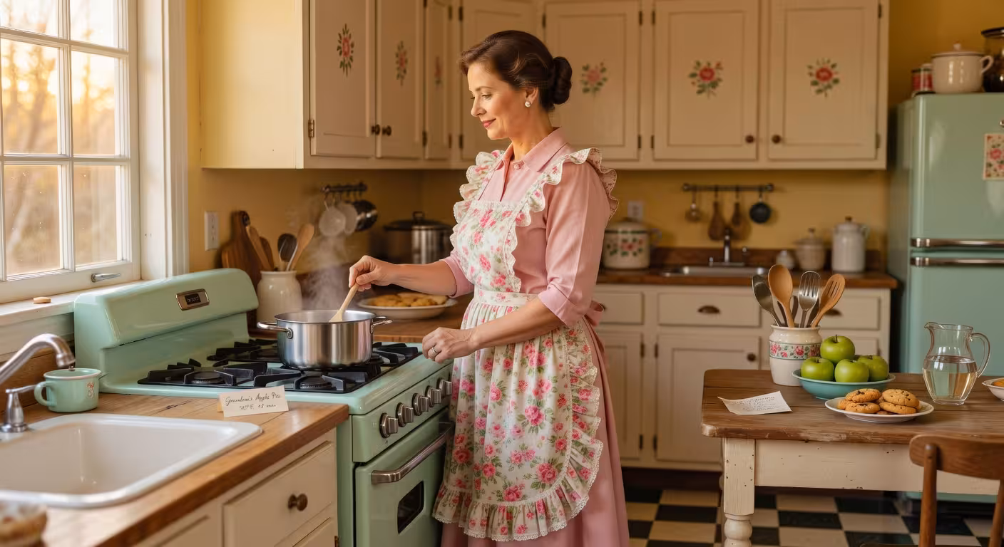 Vintage 1950s kitchen scene with woman wearing floral ruffled apron in sunlit farmhouse kitchen, war
