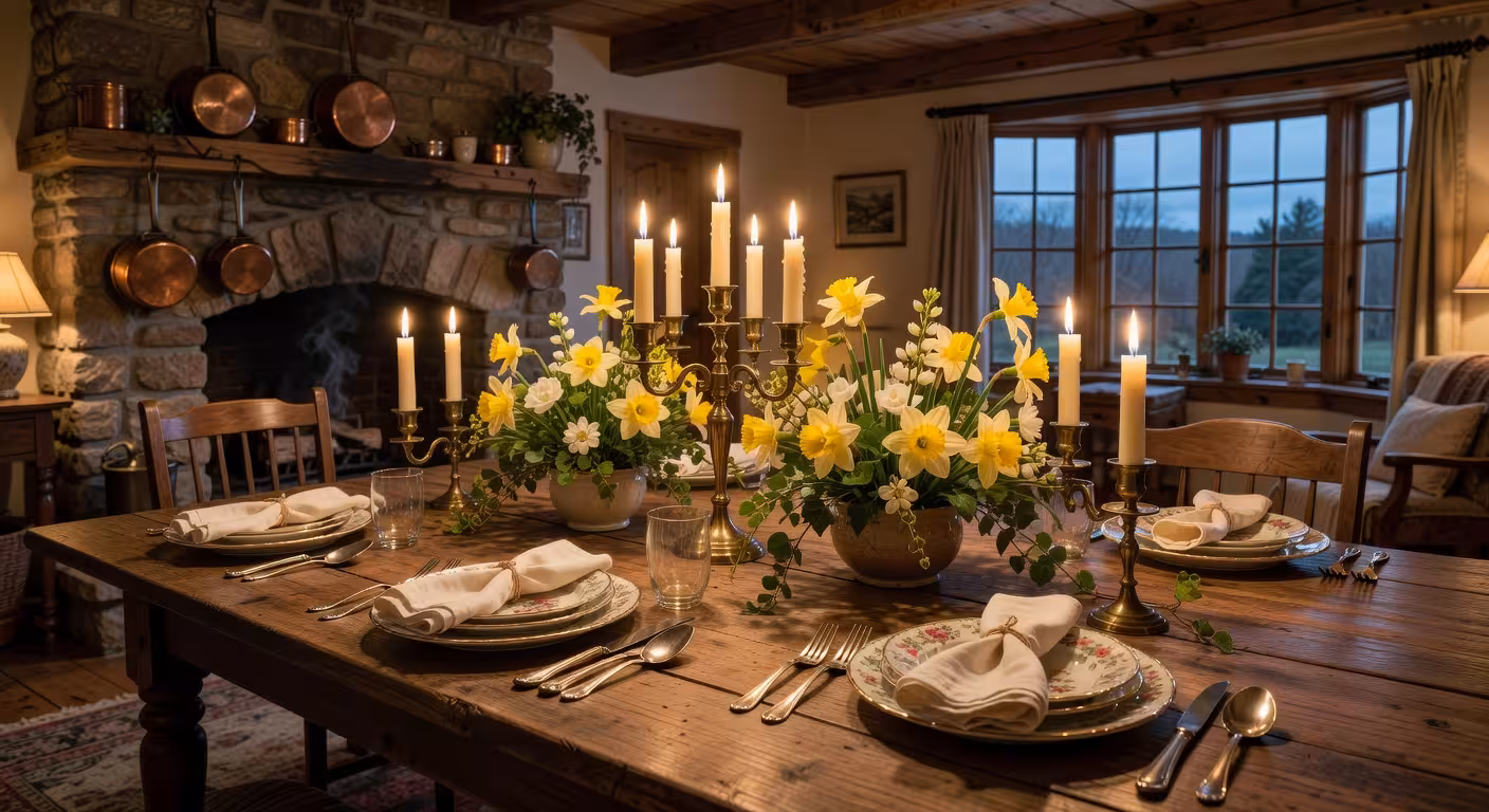 Romantic candlelit dinner table set with vintage china and fresh flowers, warm golden lighting, rust
