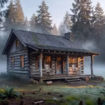 Spiritual Retreats for Traditional Women: Finding Peace in Your Homemaking Journey Peaceful cabin in Pacific Northwest forest clearing, morning mist through evergreen trees, warm gold