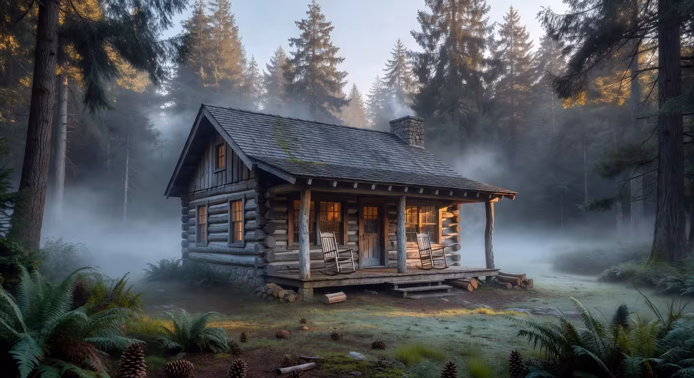 Peaceful cabin in Pacific Northwest forest clearing, morning mist through evergreen trees, warm gold