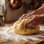 How to Make Fresh Homemade Pasta From Scratch (Easy Step-by-Step Guide) Close-up of a woman's hands kneading golden pasta dough on a wooden countertop, flour dusted across