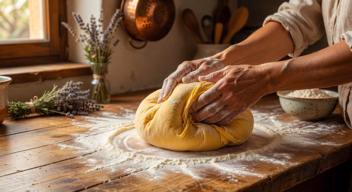 Close-up of a woman's hands kneading golden pasta dough on a wooden countertop, flour dusted across