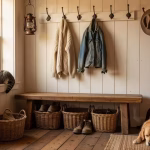 How to Keep Floors Sparkling Clean With Kids: A Tradwife's Practical Guide Cozy farmhouse entryway with wooden bench, wicker baskets for shoes, vintage hooks on wall, warm nat