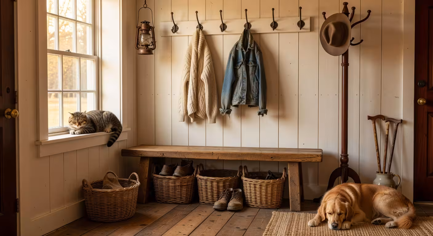 Cozy farmhouse entryway with wooden bench, wicker baskets for shoes, vintage hooks on wall, warm nat