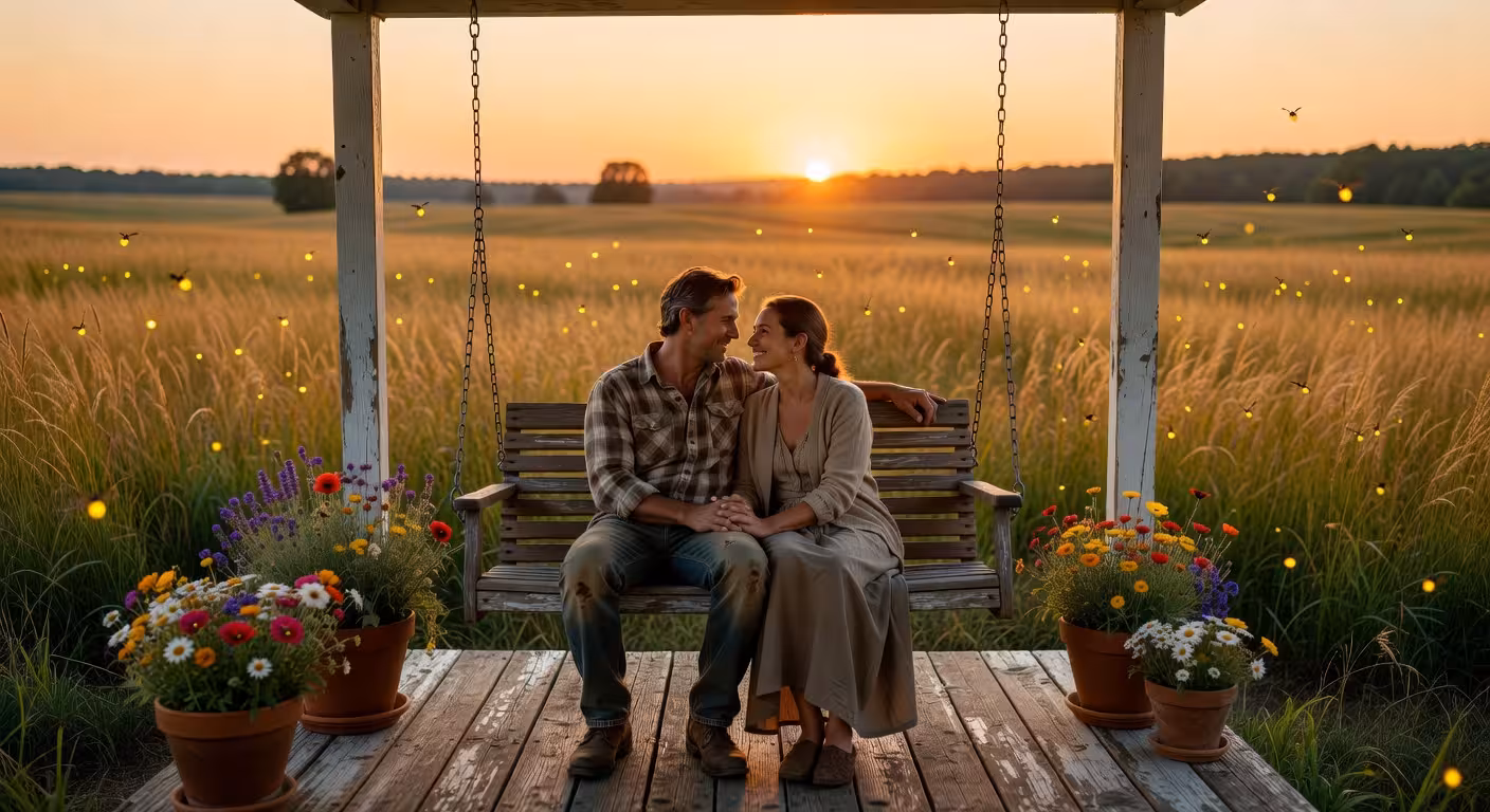 Warm couple holding hands on porch swing at sunset, fireflies glowing in background, rustic farmhous