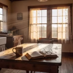 The Proverbs 31 Woman: A Modern Tradwife's Guide to Timeless Wisdom Cozy farmhouse kitchen at dawn, warm morning light streaming through lace curtains, vintage coffee m