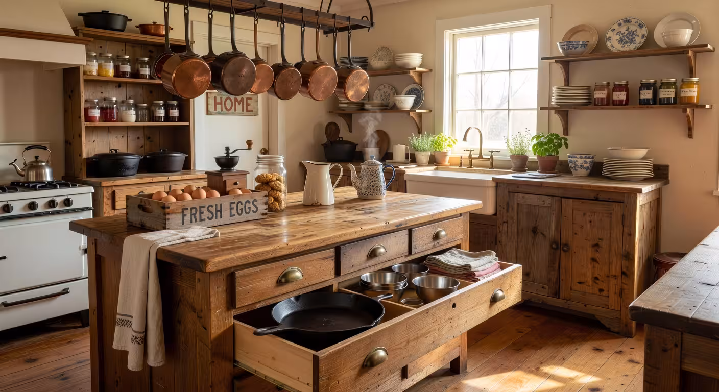 Cozy farmhouse kitchen with organized wooden drawers and cast iron skillet, warm morning light strea