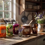 Fermentation at Home: Sourdough, Kombucha, Kimchi and More — Tradwife Club Rustic farmhouse kitchen counter with glass jars of colorful fermented vegetables, sourdough starter