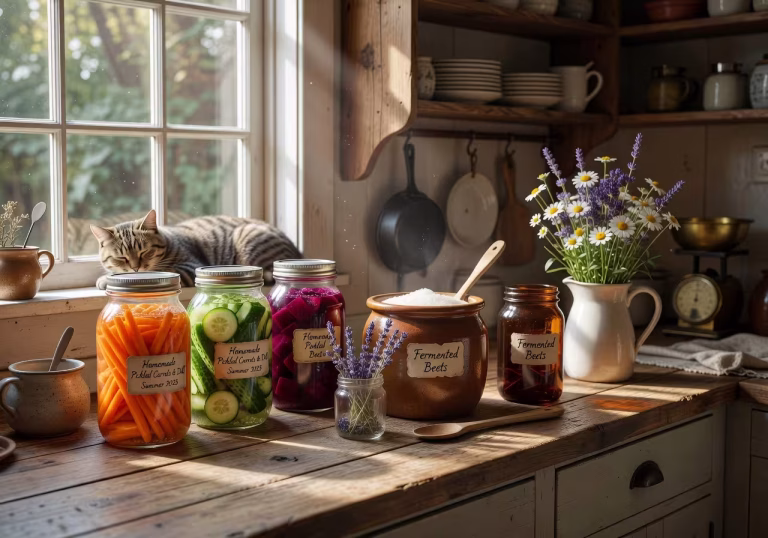 Rustic farmhouse kitchen counter with glass jars of colorful fermented vegetables, sourdough starter