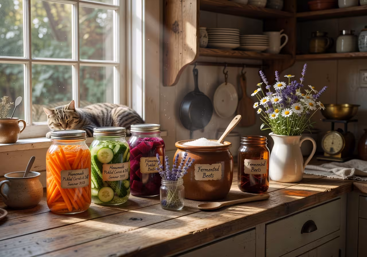 Rustic farmhouse kitchen counter with glass jars of colorful fermented vegetables, sourdough starter