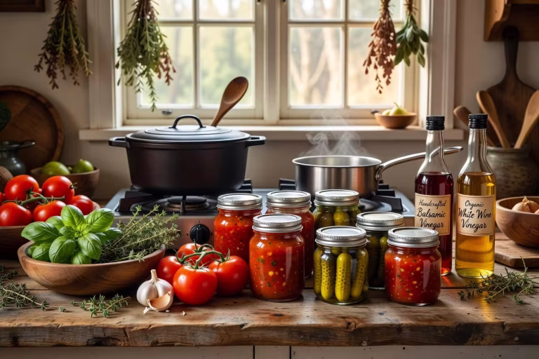 Rustic farmhouse kitchen counter with fresh ingredients for homemade condiments, glass jars, fresh h