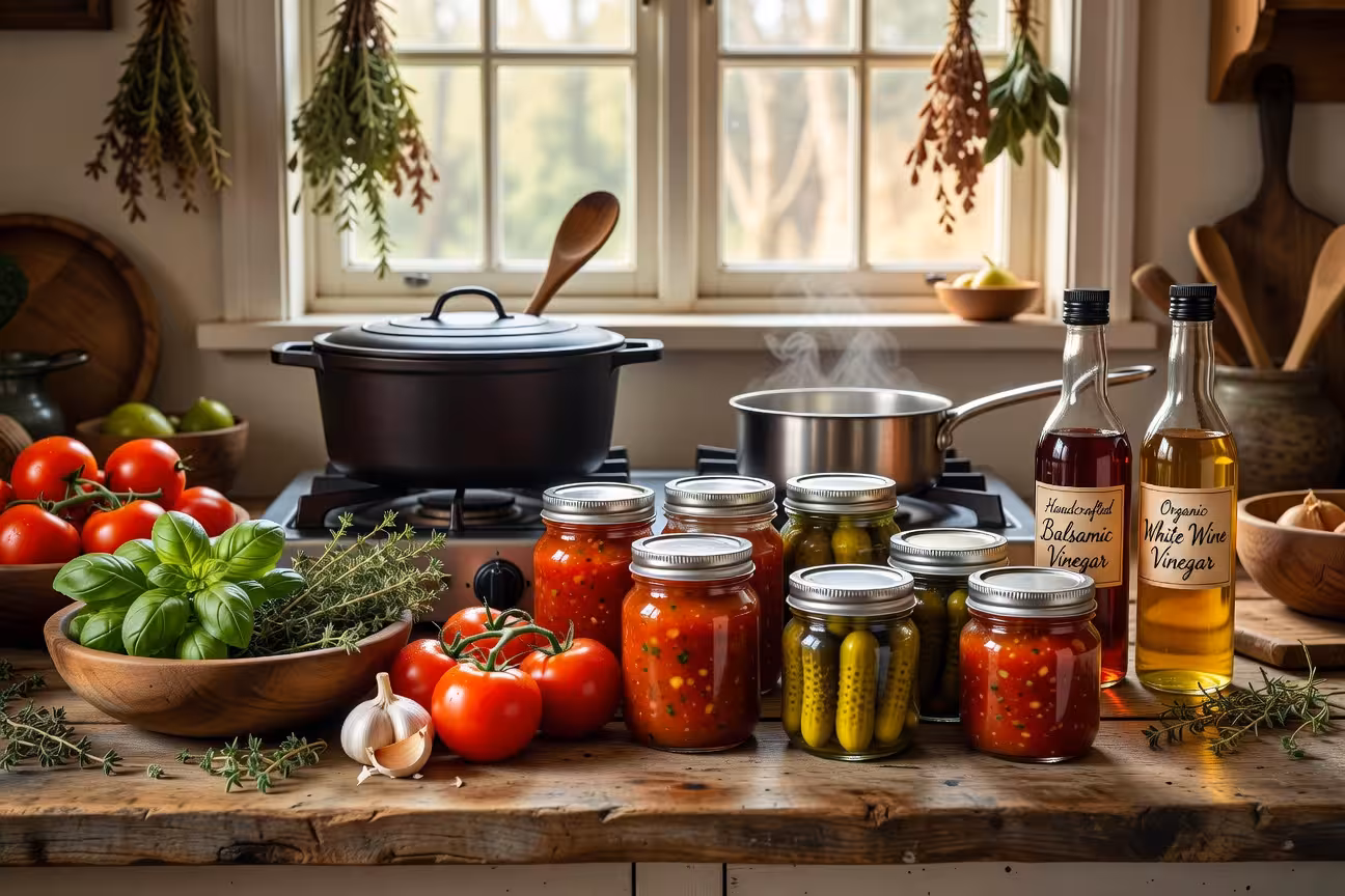 Rustic farmhouse kitchen counter with fresh ingredients for homemade condiments, glass jars, fresh h