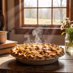 Homemade Desserts That Will Impress Your Family Every Time Warm apple pie with lattice crust on rustic wooden table, steam rising, golden afternoon light strea