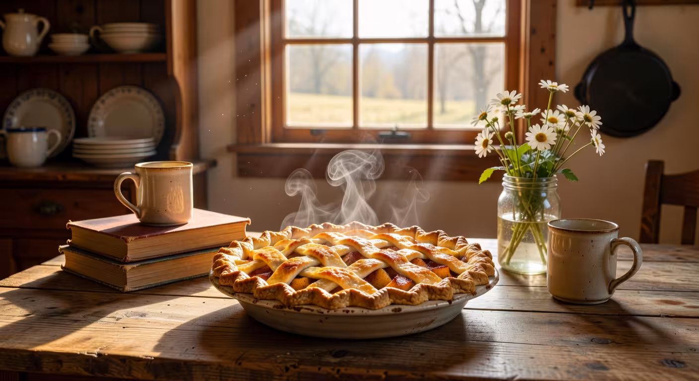 Warm apple pie with lattice crust on rustic wooden table, steam rising, golden afternoon light strea