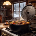 Soups and Stews for Cold Winter Evenings — Tradwife Club Rustic cast iron Dutch oven steaming with hearty beef stew on vintage farmhouse kitchen stovetop, wa