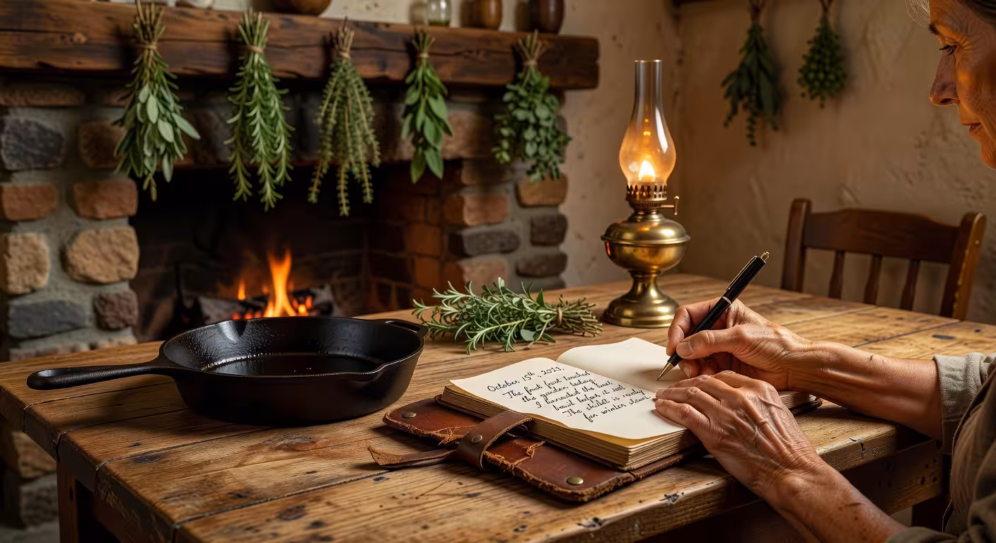 Woman's hands writing in leather-bound journal at rustic wooden kitchen table, cast iron skillet and