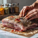 BBQ at Home: Homemade Sauces, Rubs and Grilling Techniques for Every Season Close-up of dry spice rub being applied to raw meat, hands massaging seasoning, kitchen counter with