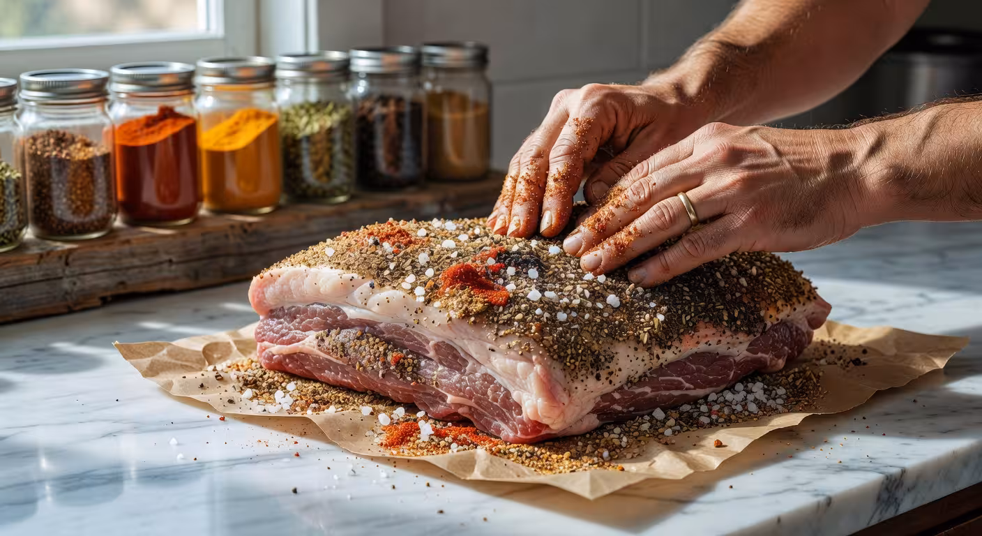 Close-up of dry spice rub being applied to raw meat, hands massaging seasoning, kitchen counter with