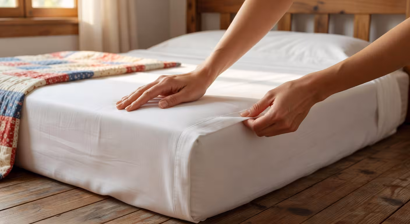 Close-up of hands smoothing white cotton percale sheets on a bed, hospital corners being tucked neat