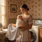 Attachment Parenting in a Traditional Family: A Tradwife's Guide Young mother wearing baby in cloth carrier while folding laundry in bright sunlit laundry room, vint