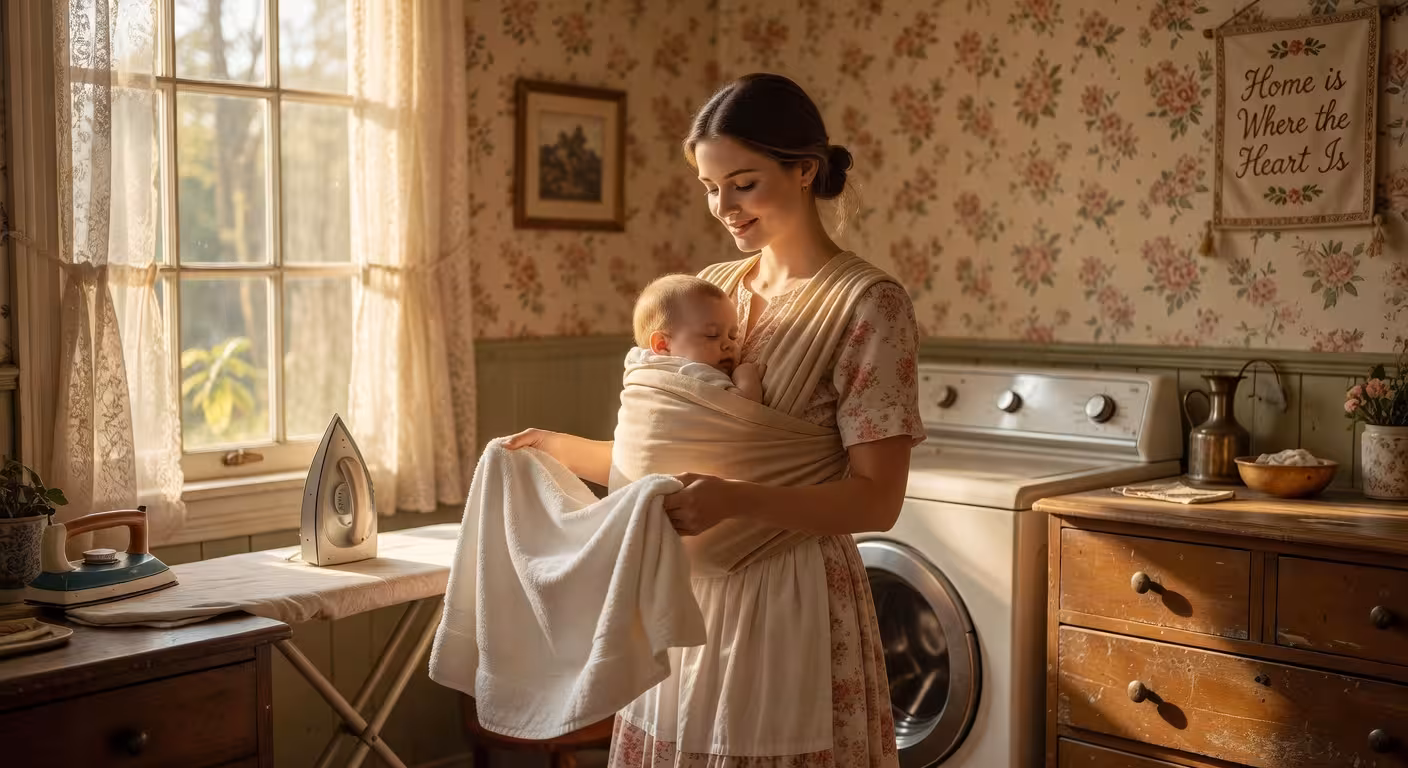 Young mother wearing baby in cloth carrier while folding laundry in bright sunlit laundry room, vint