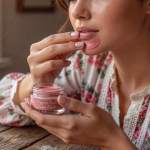 Natural Everyday Makeup for Tradwives: Simple Beauty Routines That Honor Your Lifestyle Close-up of natural cream blush being applied to rosy cheeks with fingertips, dewy fresh skin, soft