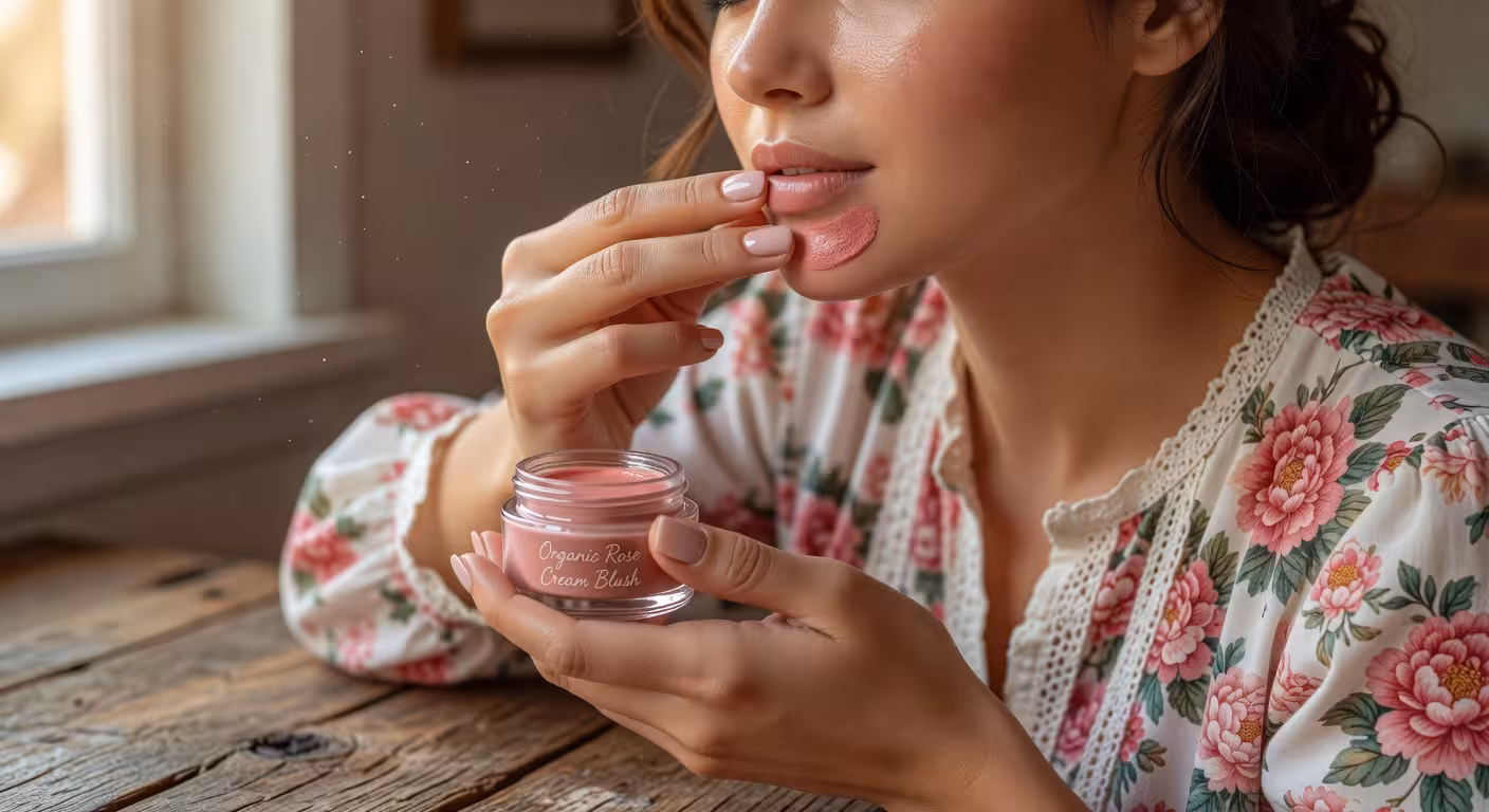 Close-up of natural cream blush being applied to rosy cheeks with fingertips, dewy fresh skin, soft