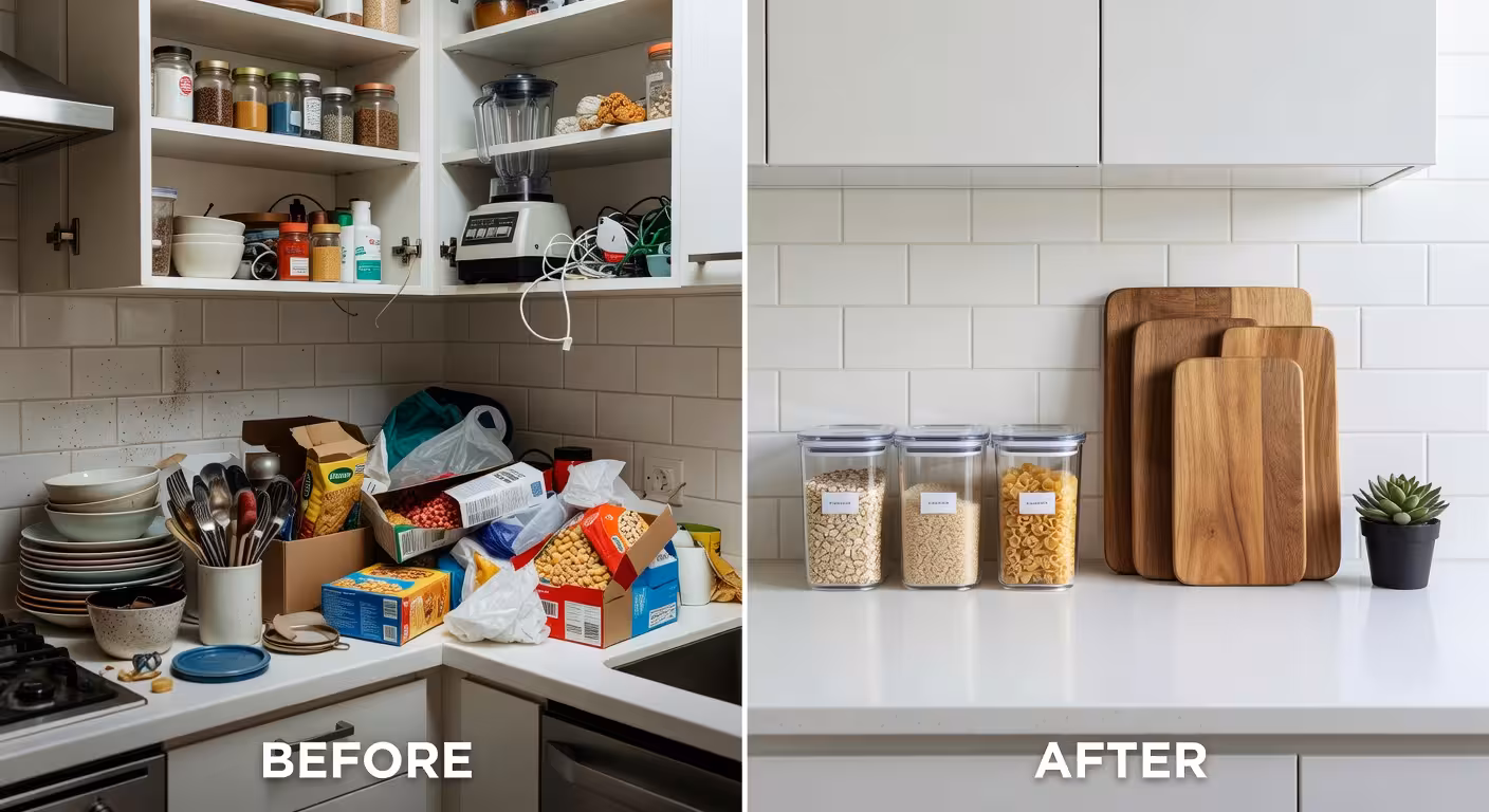 Kitchen counter before and after decluttering comparison, minimalist organization, clear containers