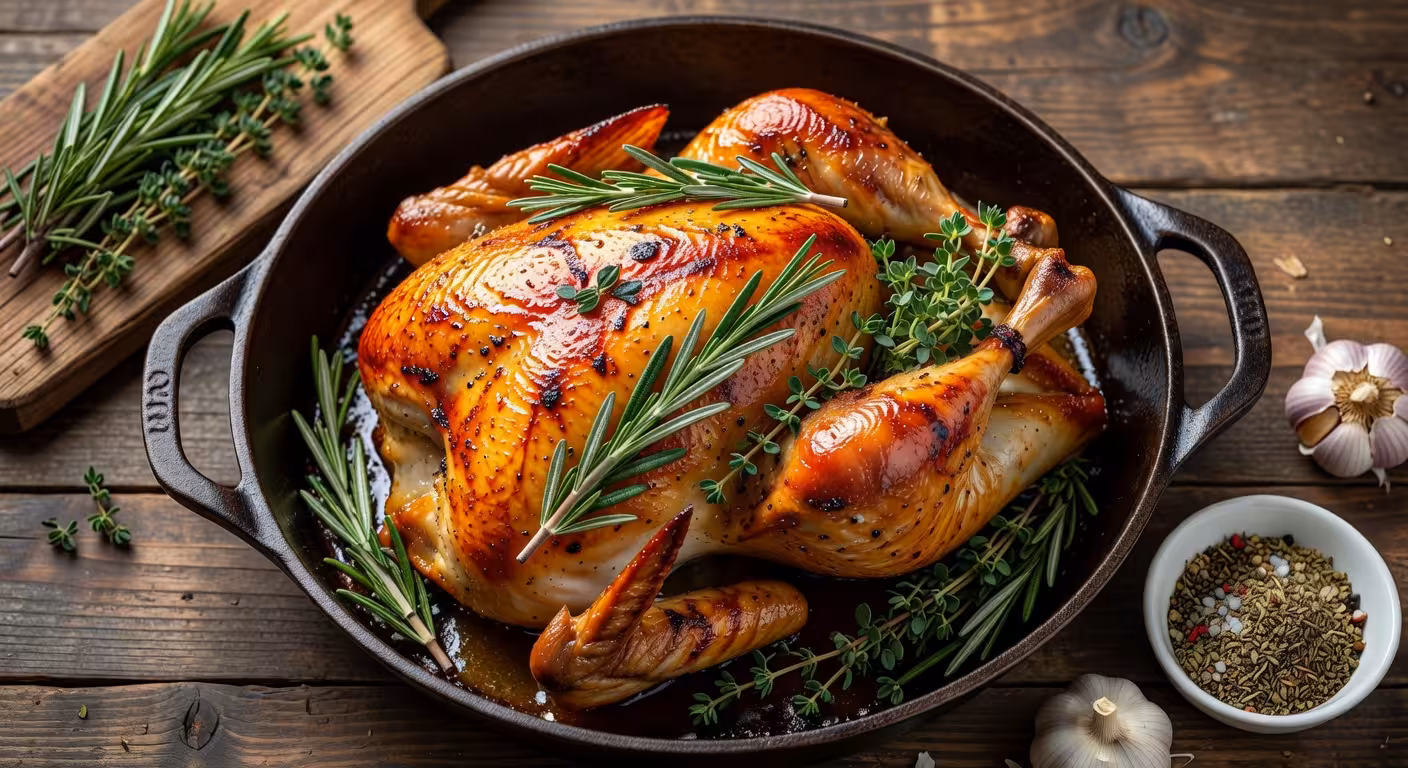 Beautiful herb-brined whole turkey with golden crispy skin in vintage roasting pan, rosemary and thy