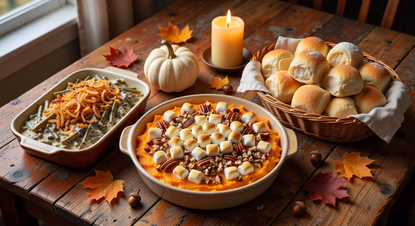 Traditional Thanksgiving side dishes arranged on rustic table: creamy sweet potato casserole with pe