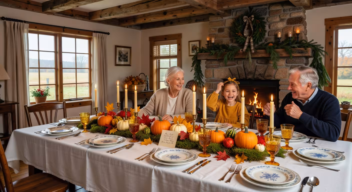 Elegant Thanksgiving tablescape with fall centerpiece, vintage dishes, white linens, pumpkins and ca